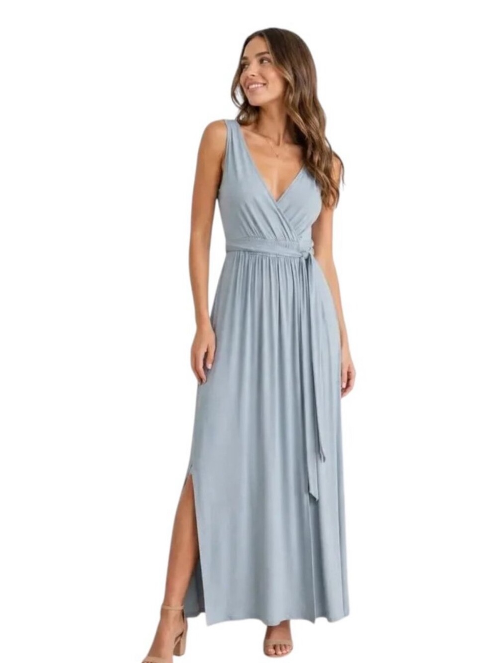 Lulus Sleeveless Surplice Maxi Dress NWT Size XL Dusty Mint Tie Waist Side Slit
